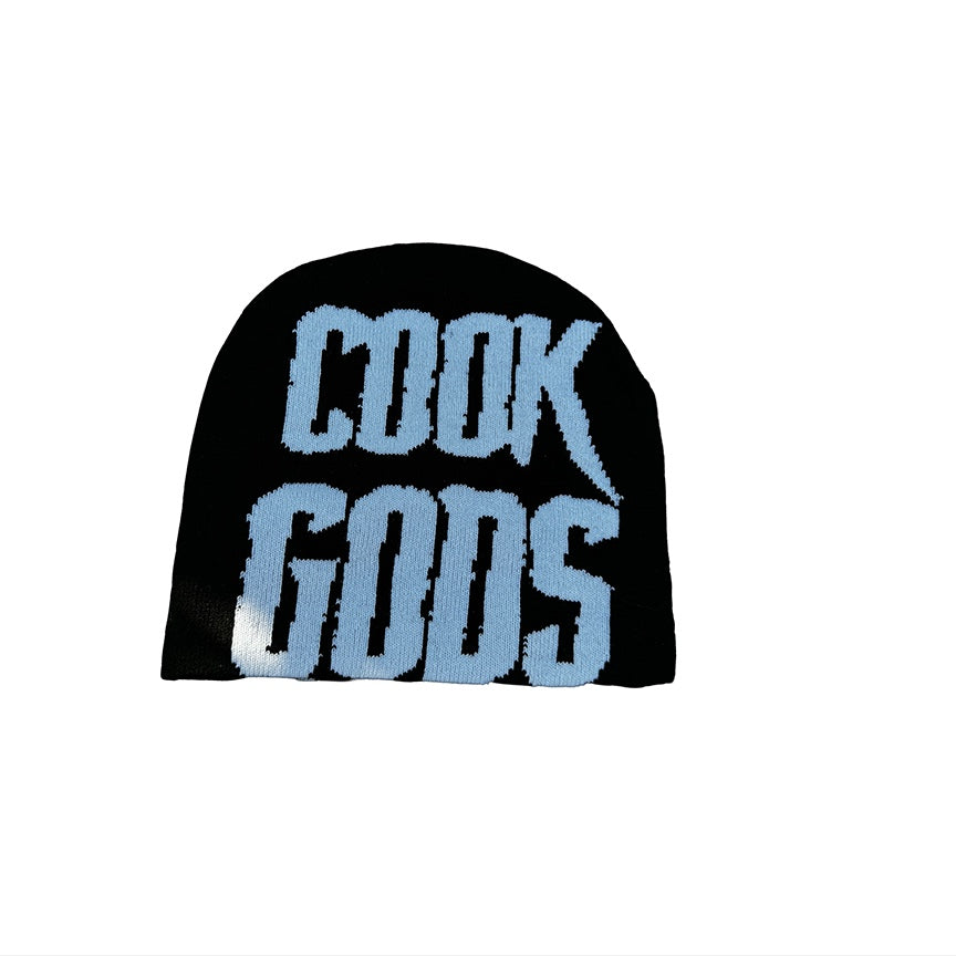 Cook Gods black knit beanie with white lettering reading "COOK GODS"