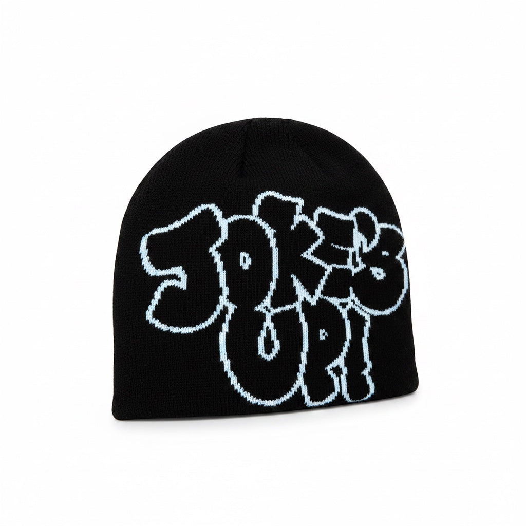 Cook Gods black knit beanie with white "JOKES UP!" graphic design. Comfortable and stylish for everyday wear.