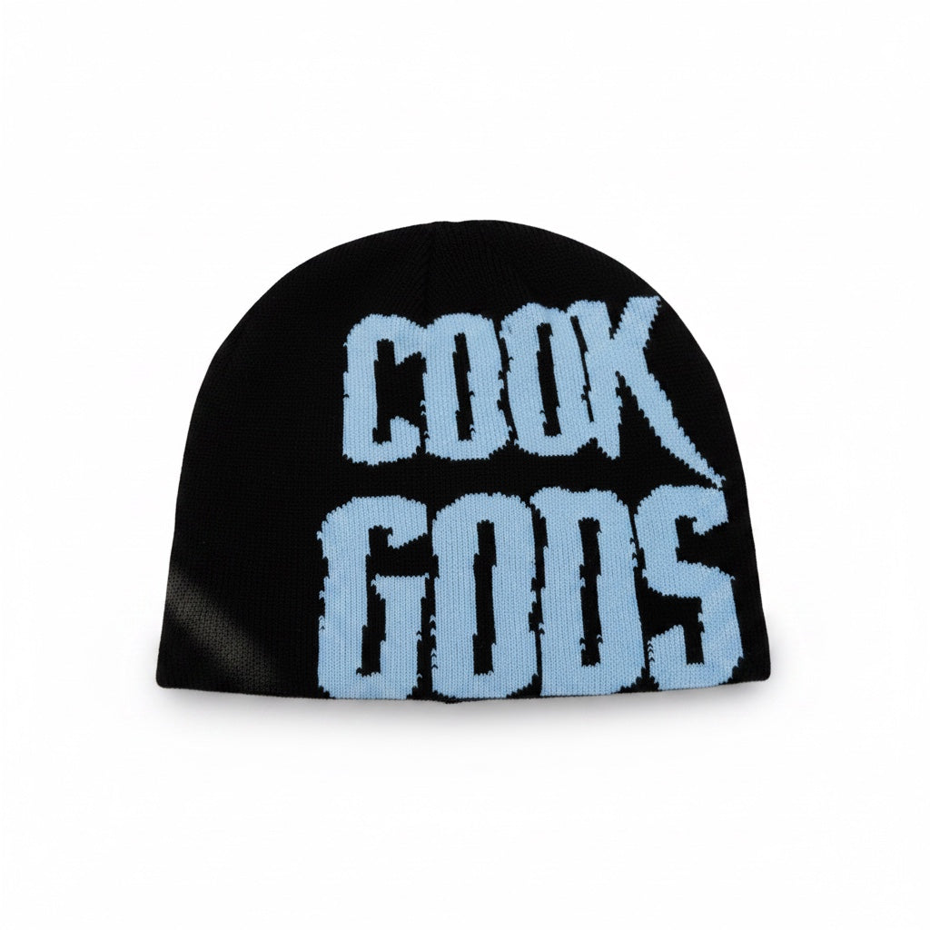 Cook Gods black knit beanie with light blue graphic lettering "COOK GODS" and "JOKES UP!"