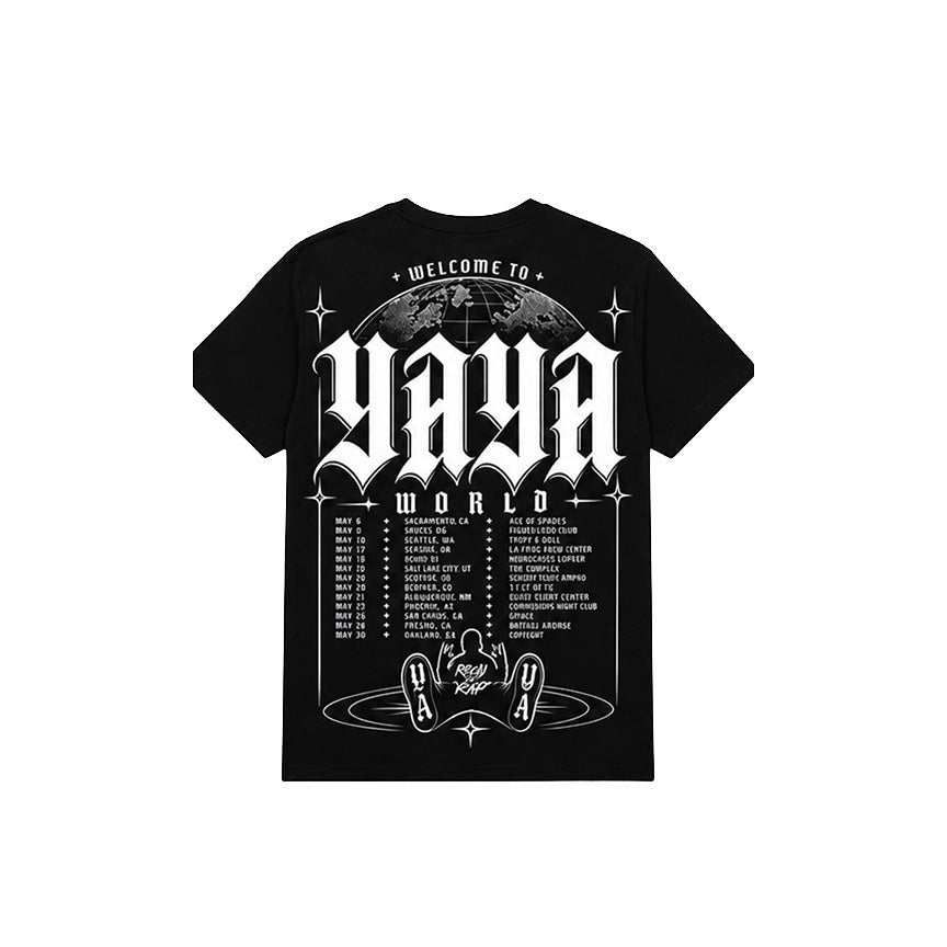 Cook Gods Compton AV Yaya World Tour black cotton t-shirt with graphic design and tour dates.