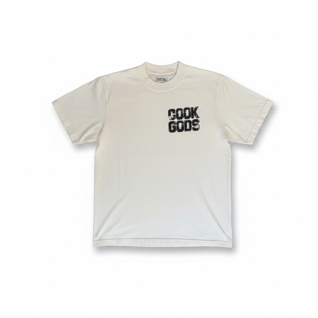 Cook Gods cream 100% USA cotton heavyweight t-shirt with distressed black logo on chest.