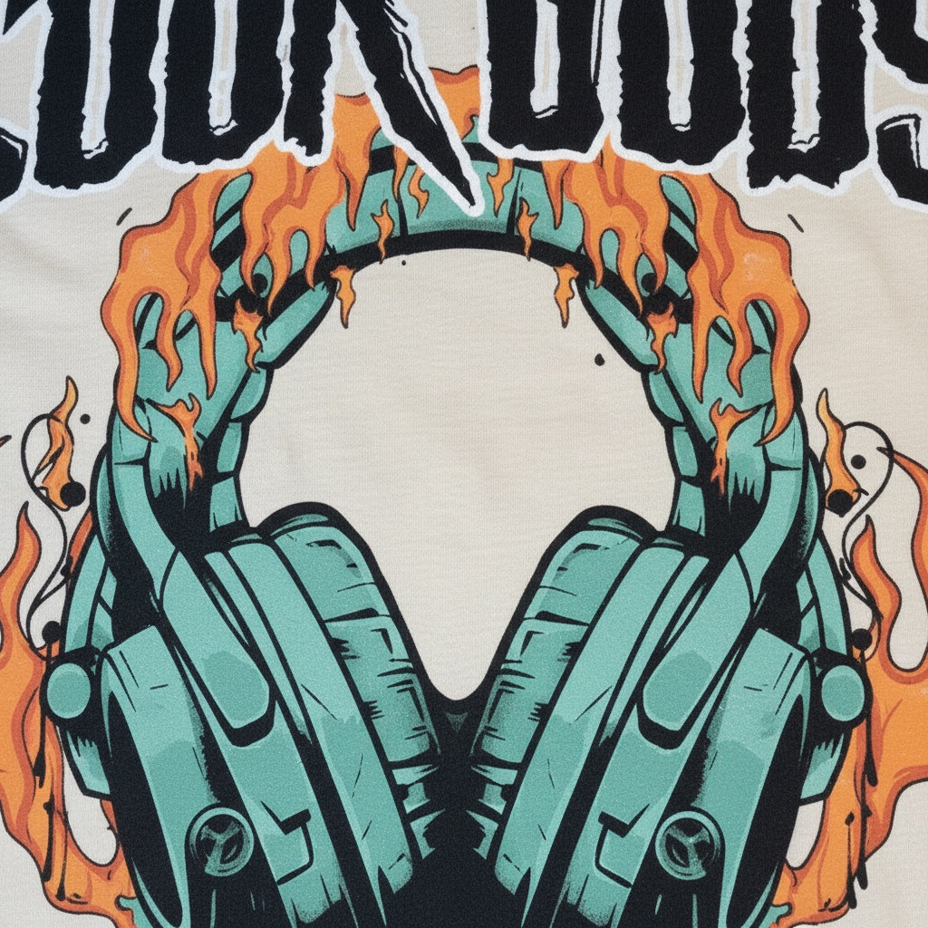 Cook Gods graphic t-shirt with teal headphones on fire and gothic logo. Cream cotton.