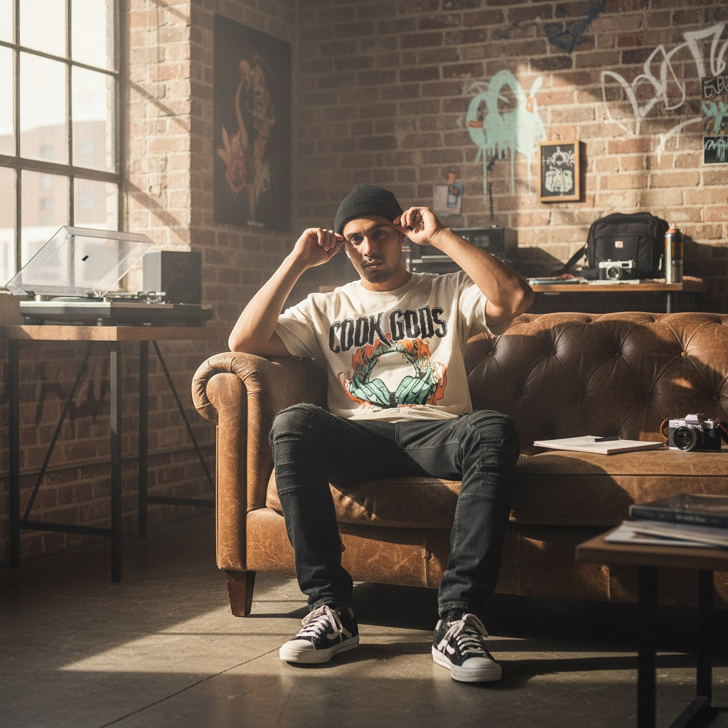 Cook Gods cream t-shirt with teal headphones graphic and orange flames. Model wears beanie and black jeans.