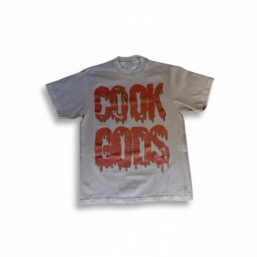 Cook Gods grey cotton t-shirt with red dripping logo graphic. Short sleeves, crew neck, relaxed fit.