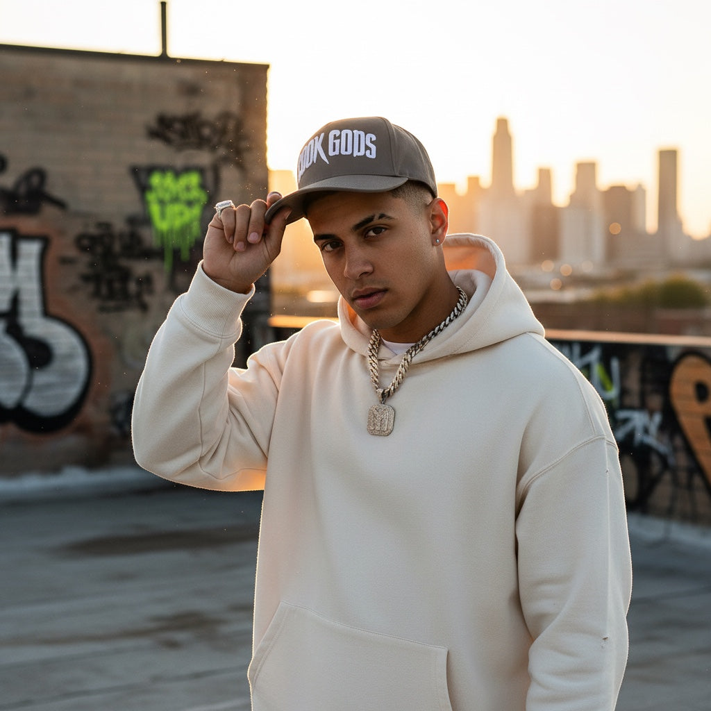 Cook Gods grey snapback cap with white embroidered logo and "JOKE'S UP!" graphic on side. Worn by a man in a cream hoodie.