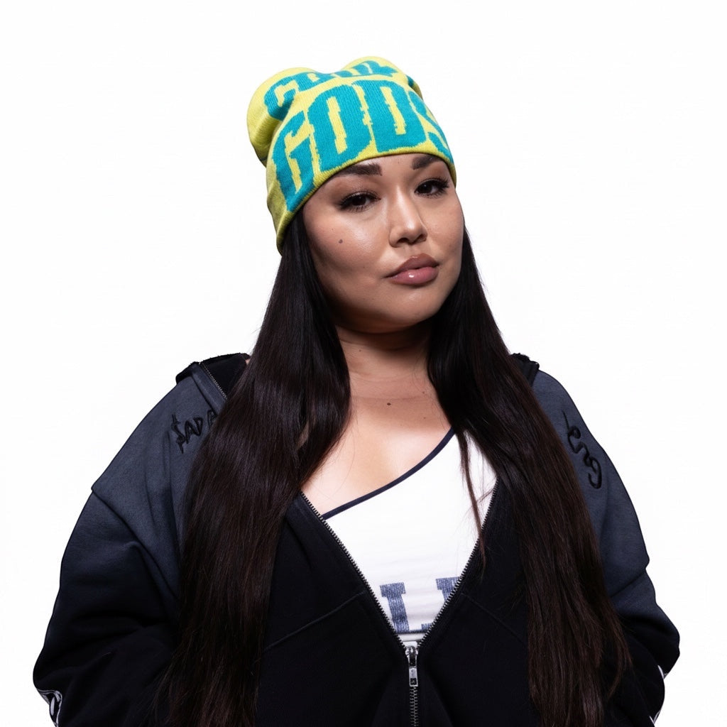 Cook Gods lime green knit beanie hat with blue "COOK GODS" lettering. Unisex design.