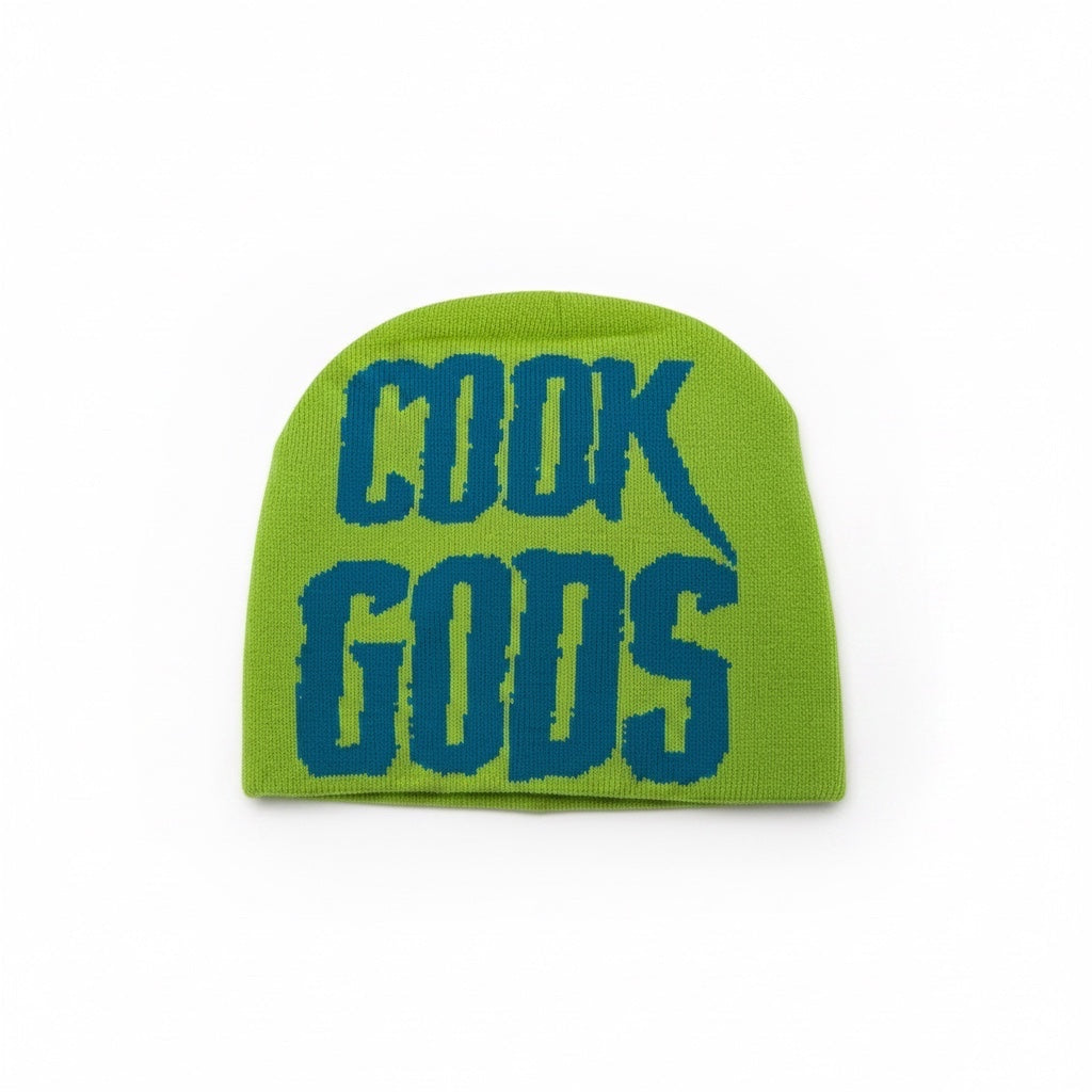 Cook Gods lime green knit beanie hat with blue "COOK GODS" lettering. Unisex design.