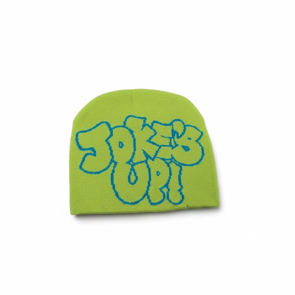 Cook Gods lime green knit beanie with blue "JOKES UP!" lettering. Comfortable, durable knit material.