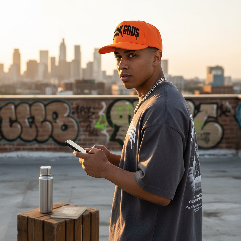 Cook Gods orange snapback hat with black lettering, worn by a young man on a rooftop with a city skyline.