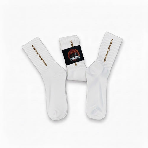 Cook Gods white crew socks with gold lettering and a light blue toe.