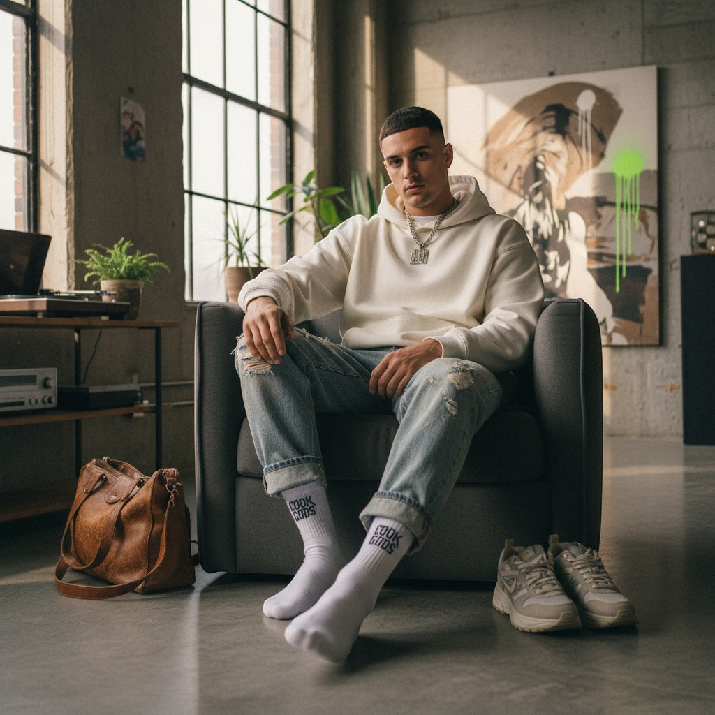 Cook Gods white crew socks with black writing, worn by a man sitting in a chair.